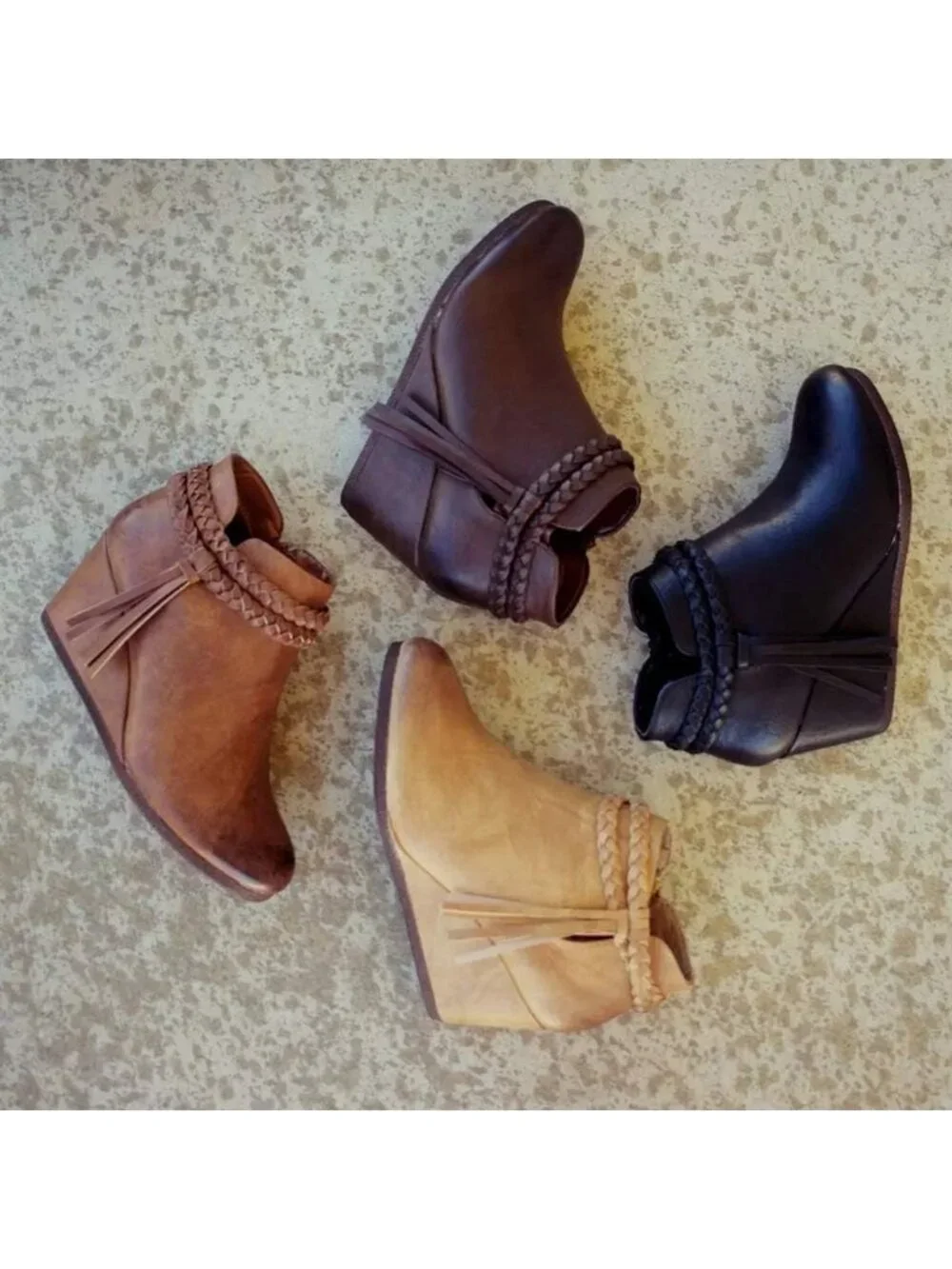 Women's Brown Braided Fringe Strap Western Heeled Fall Booties Dress Shoes